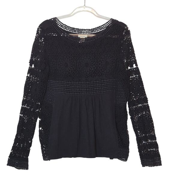 Sundance Crochet Lace Top Black Scoop Neck Long Sleeve Size M Boho Bohemian